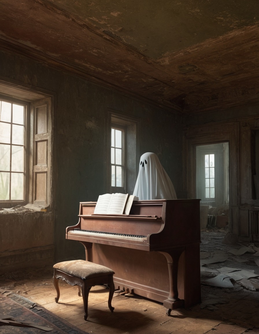 ghost, piano, abandoned house, supernatural, haunting, spirit, paranormal