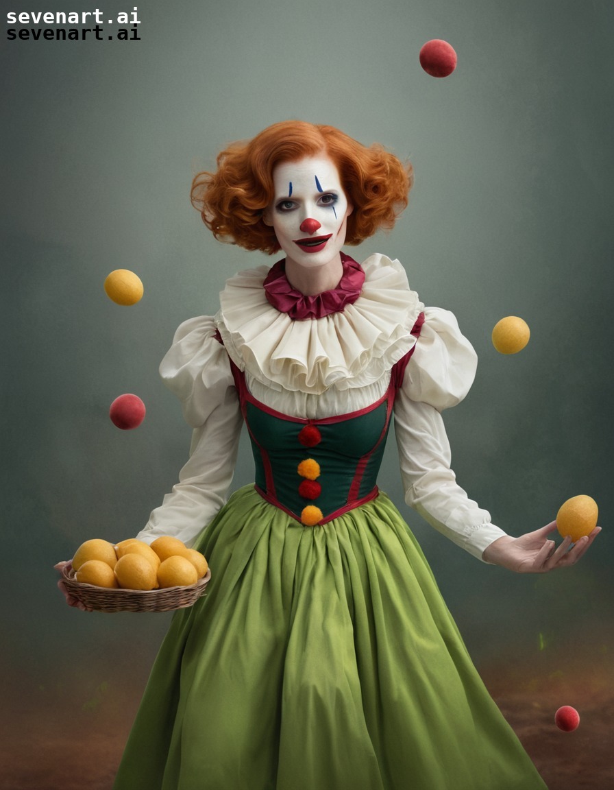 jessica chastain, clown, juggling, avocados, entertainment, actress, movies, movie stars