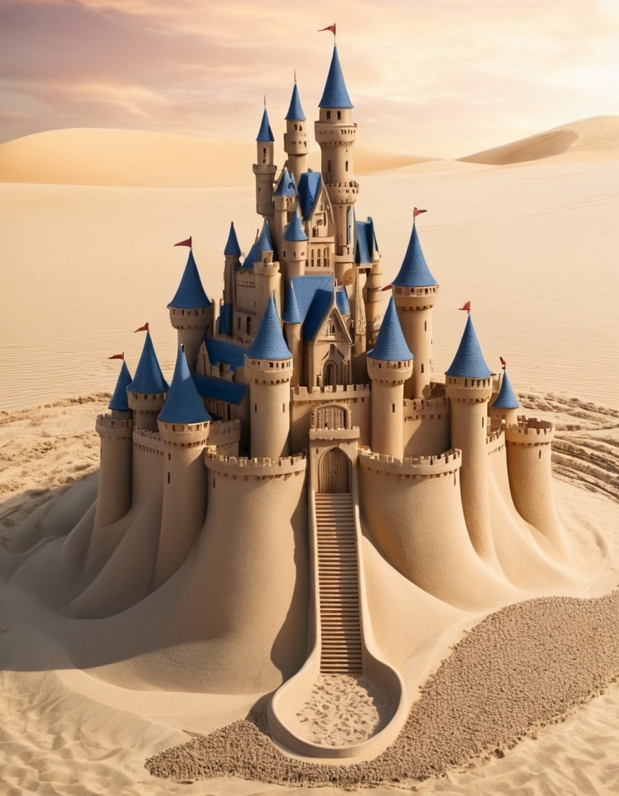 sand sculpture, castle, tiny people, art, miniature, fantasy, creation