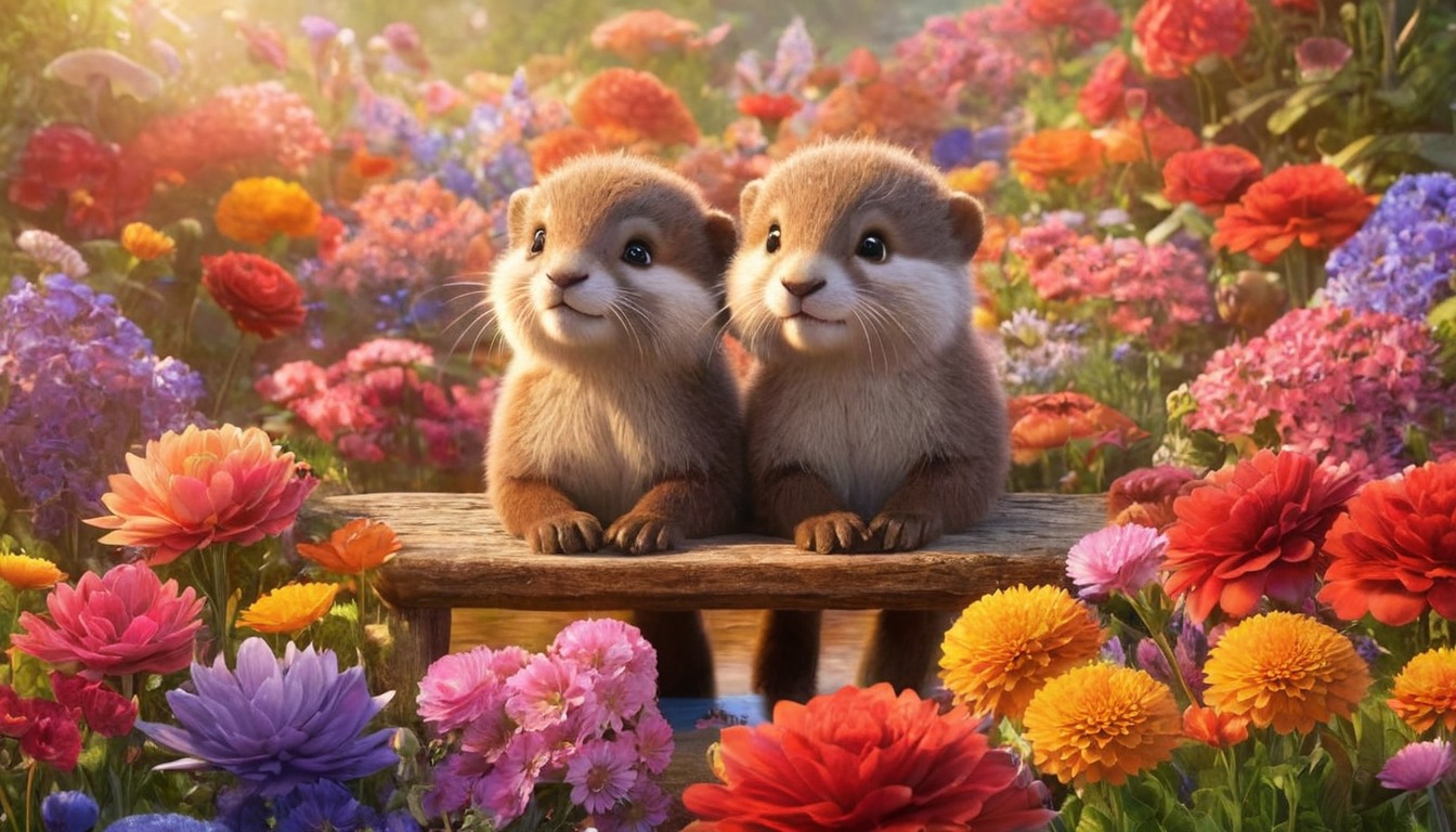 bench, couple, cute, decorated, flowers, otter