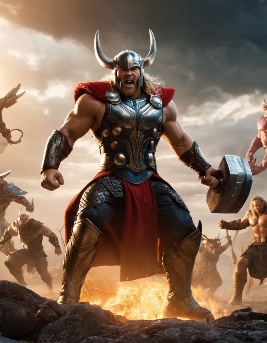 thor, epic, fight scene, monsters, mythology, norse god, marvel