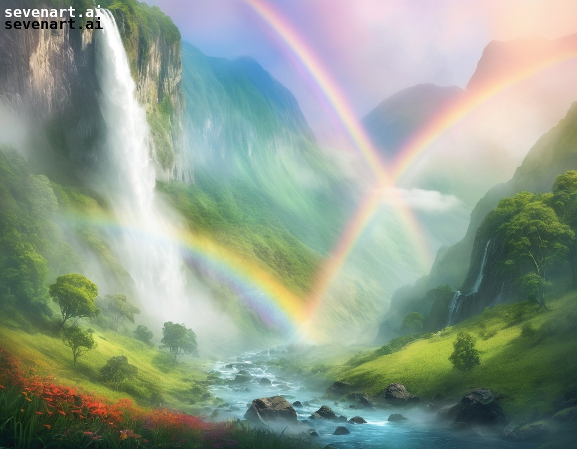 nature, waterfall, mountain, mist, rainbows