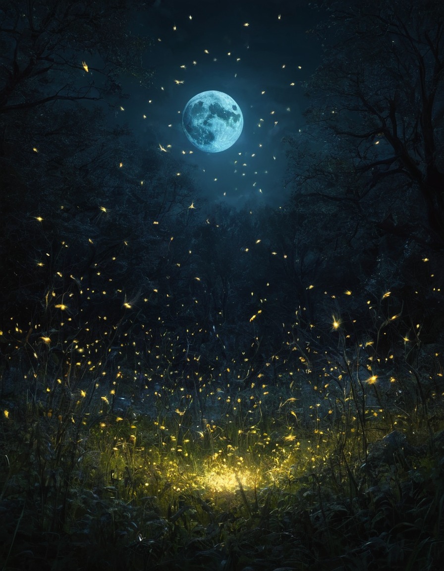 fireflies, glowing, moonlit, meadow, circle, mystical, nature