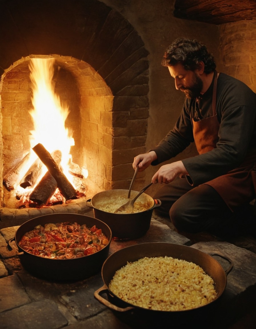 ancient cook, meal preparation, large hearth, medieval england, 1300 ad, culinary traditions, food history