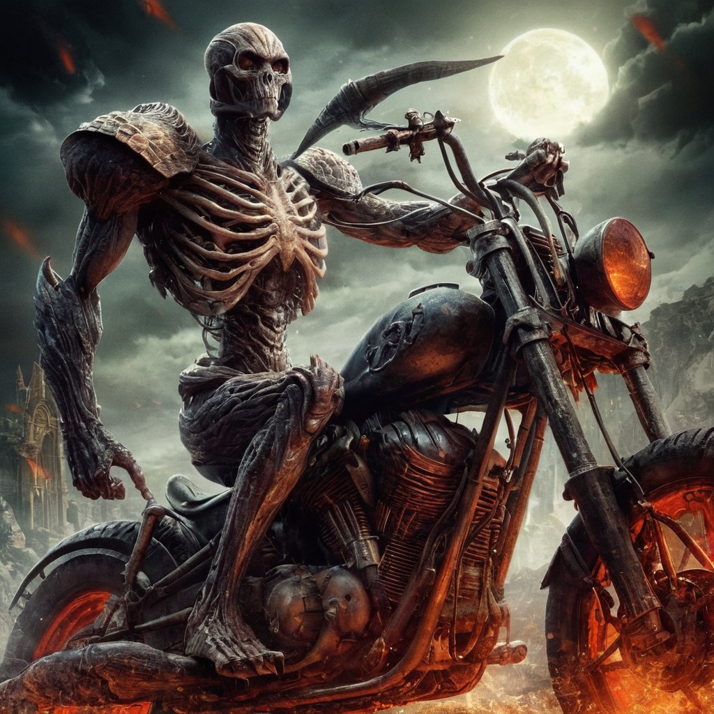 motorcycle, digitalart, cartoon, horror, skull, fanart, characterdesign, warrior, digitalpainting, spookyscaryskeletons