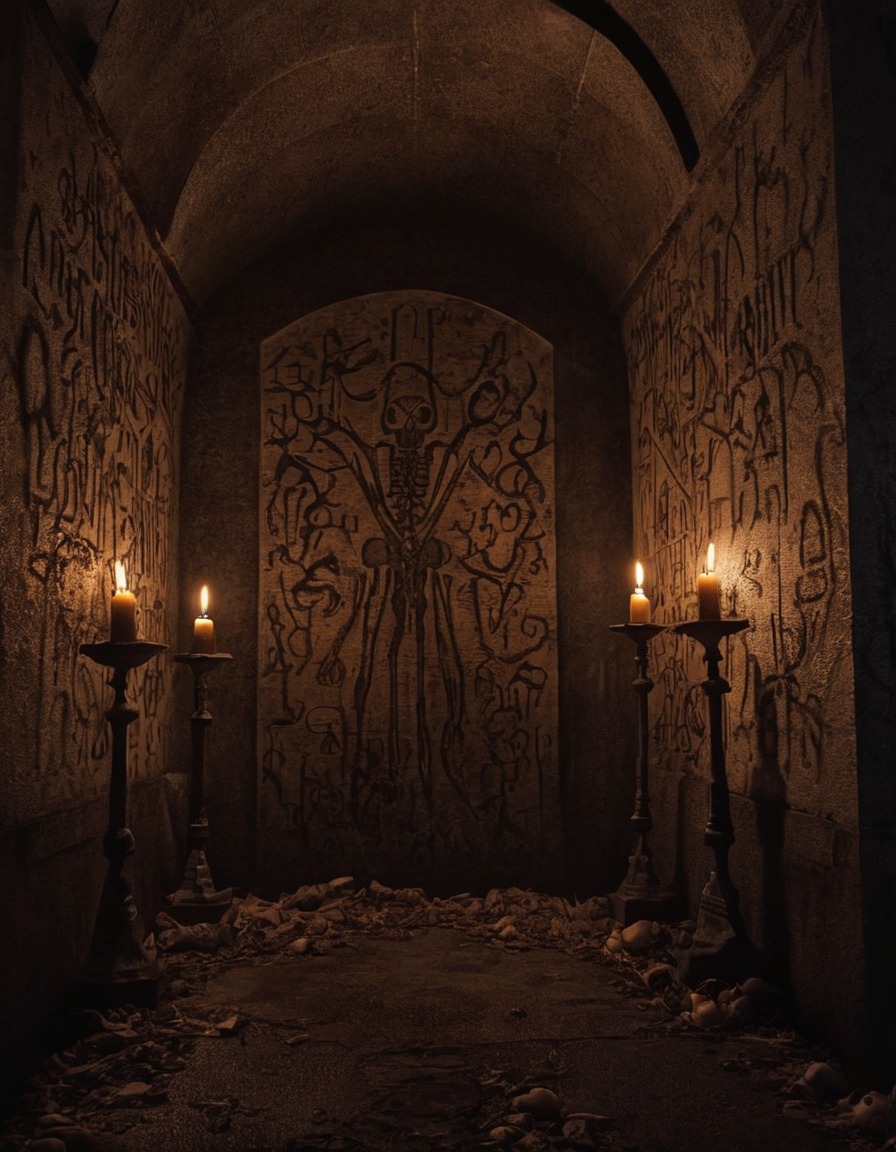 crypt, candle-lit, macabre symbols, mysterious, gothic, underground, dark