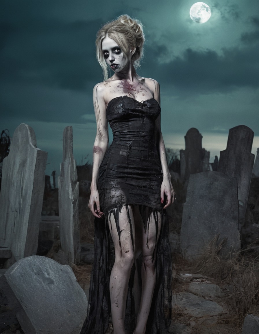 zombie, enchanting, seductive gaze, tombstones, longing, nsfw