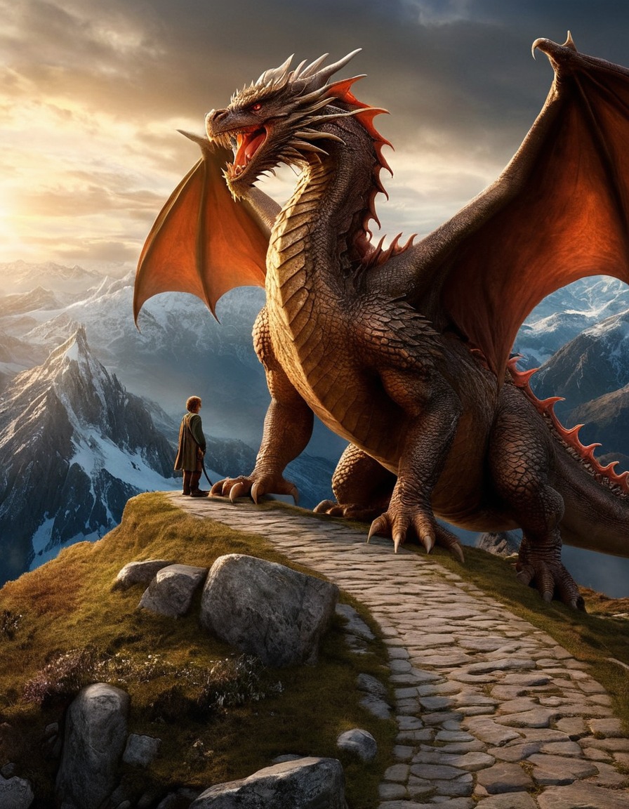 the hobbit, j.r.r. tolkien, bilbo baggins, smaug, lonely mountain, encounter, fantasy, books