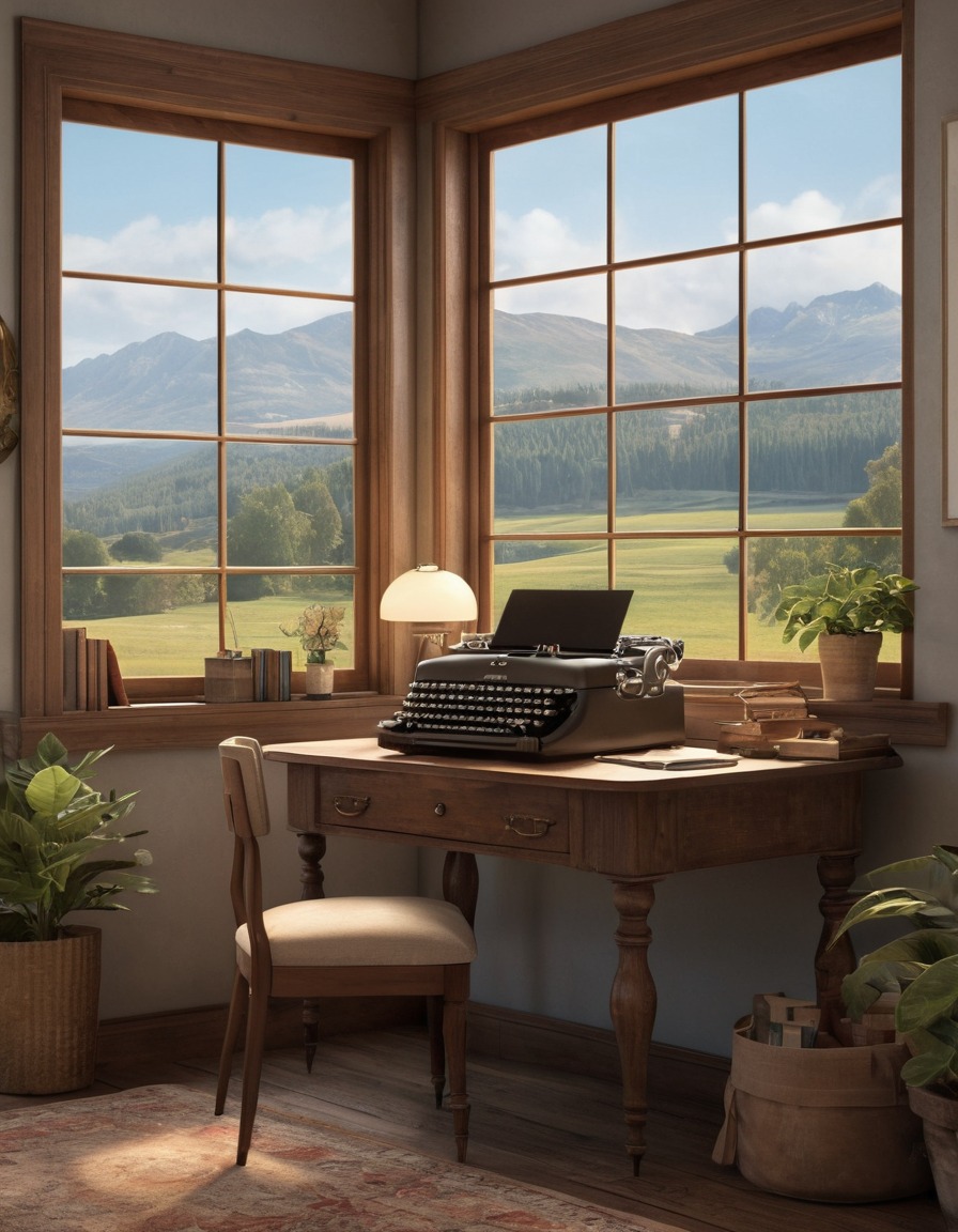 home office, vintage, desk, typewriter, window, serene landscape, home, interior