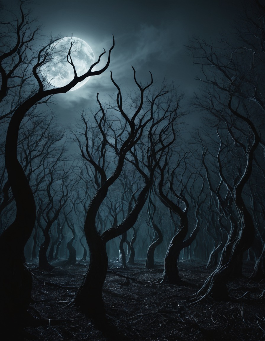 dark, twisted, trees, skeletal hands, moonlit forest, gothic, underground