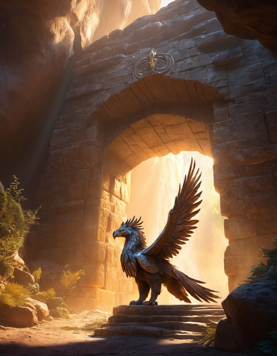 cave, entrance, griffin, sunlight, mythical creature, fantastic