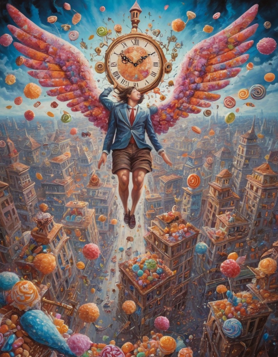 clockwork, wings, cityscape, candy, fantasy, surreal