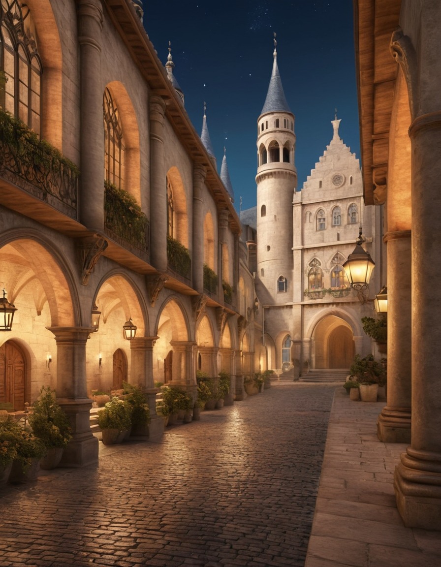 renaissance, village square, ornate towers, arched passageways, architecture, historical, european architecture