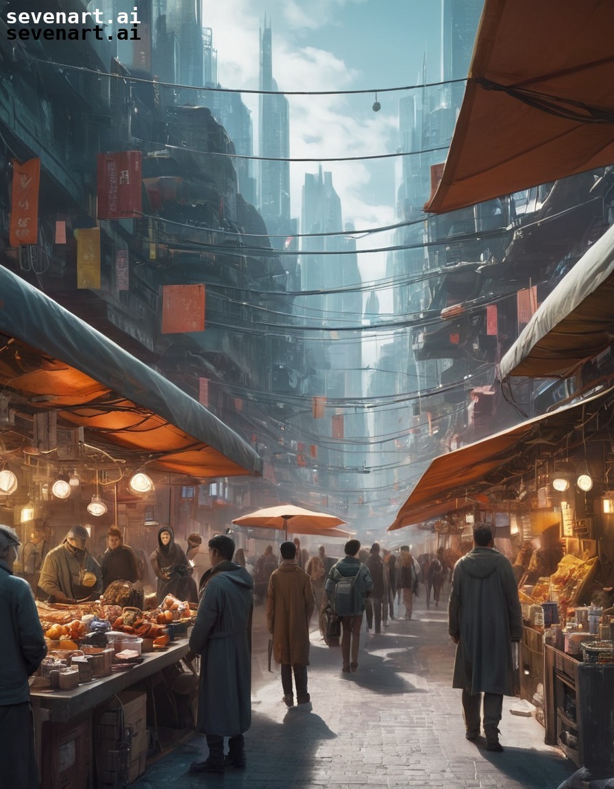 futuristic, technology, street market, gadgets, bustling, future