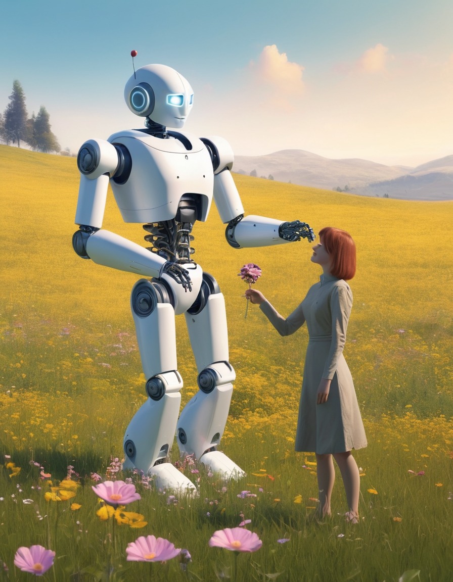 robot, flower, human, meadow, friendship, robots