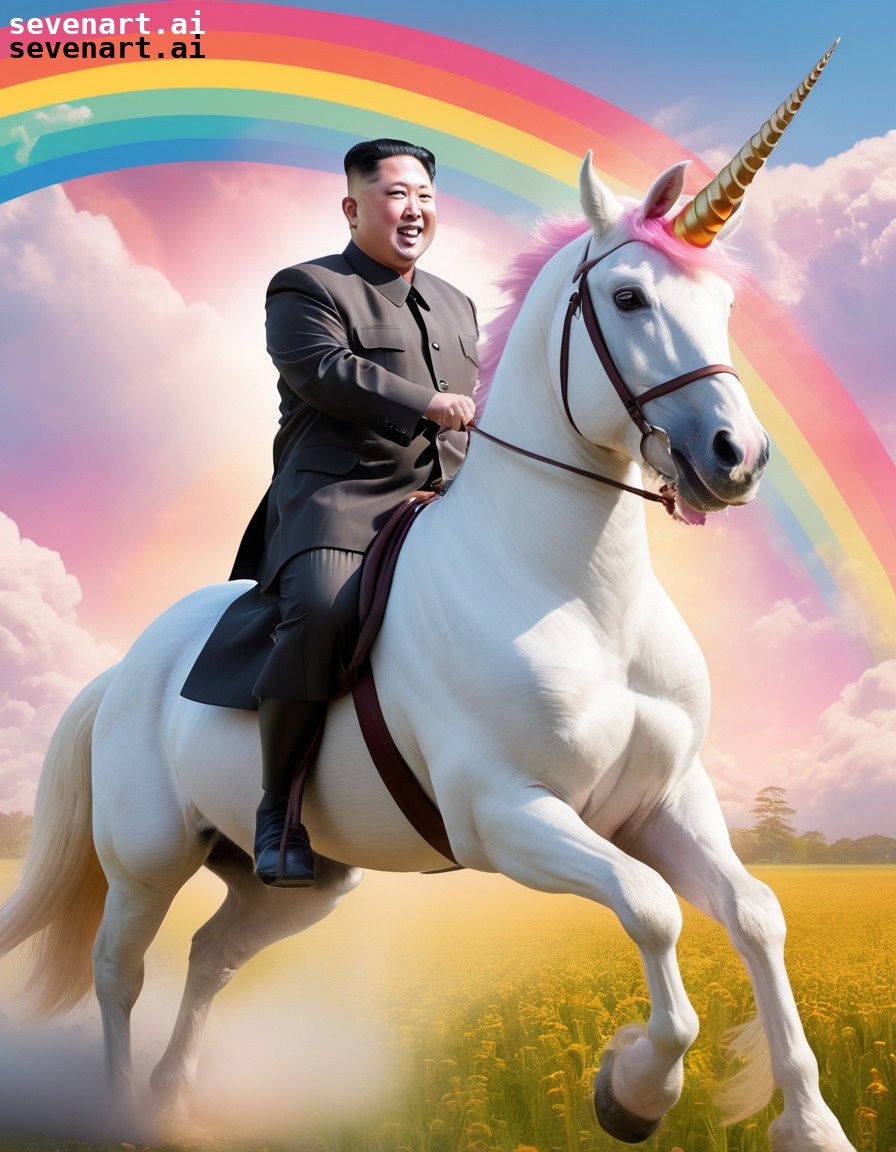 kim jong-un, unicorn, rainbow, fantasy, surrealism, north korea