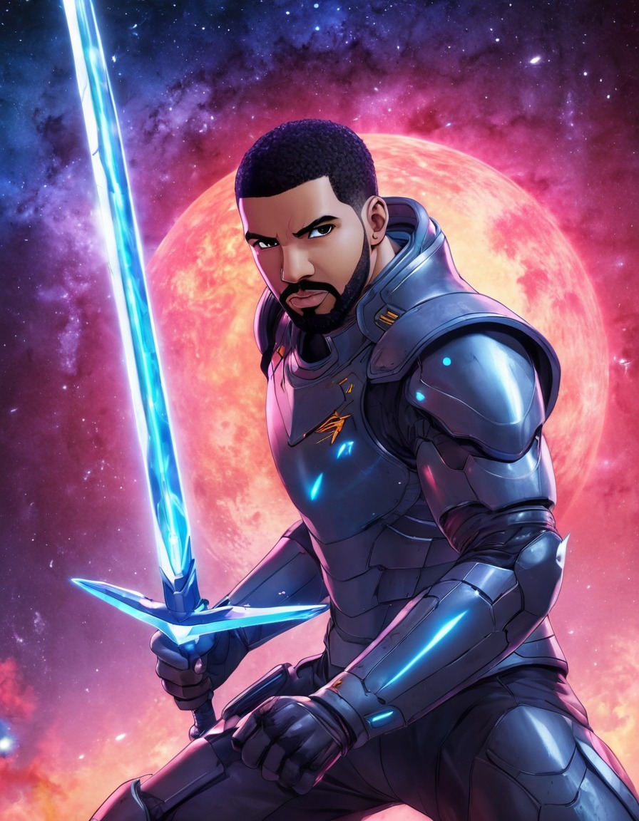 drake, anime, warrior, futuristic, sword, cosmic, battle