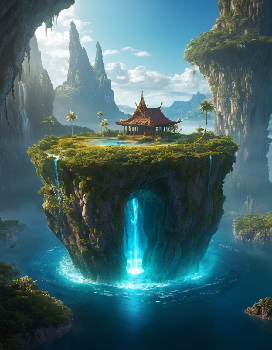 fantasy, portal, floating islands, strange creatures, ever-changing landscapes