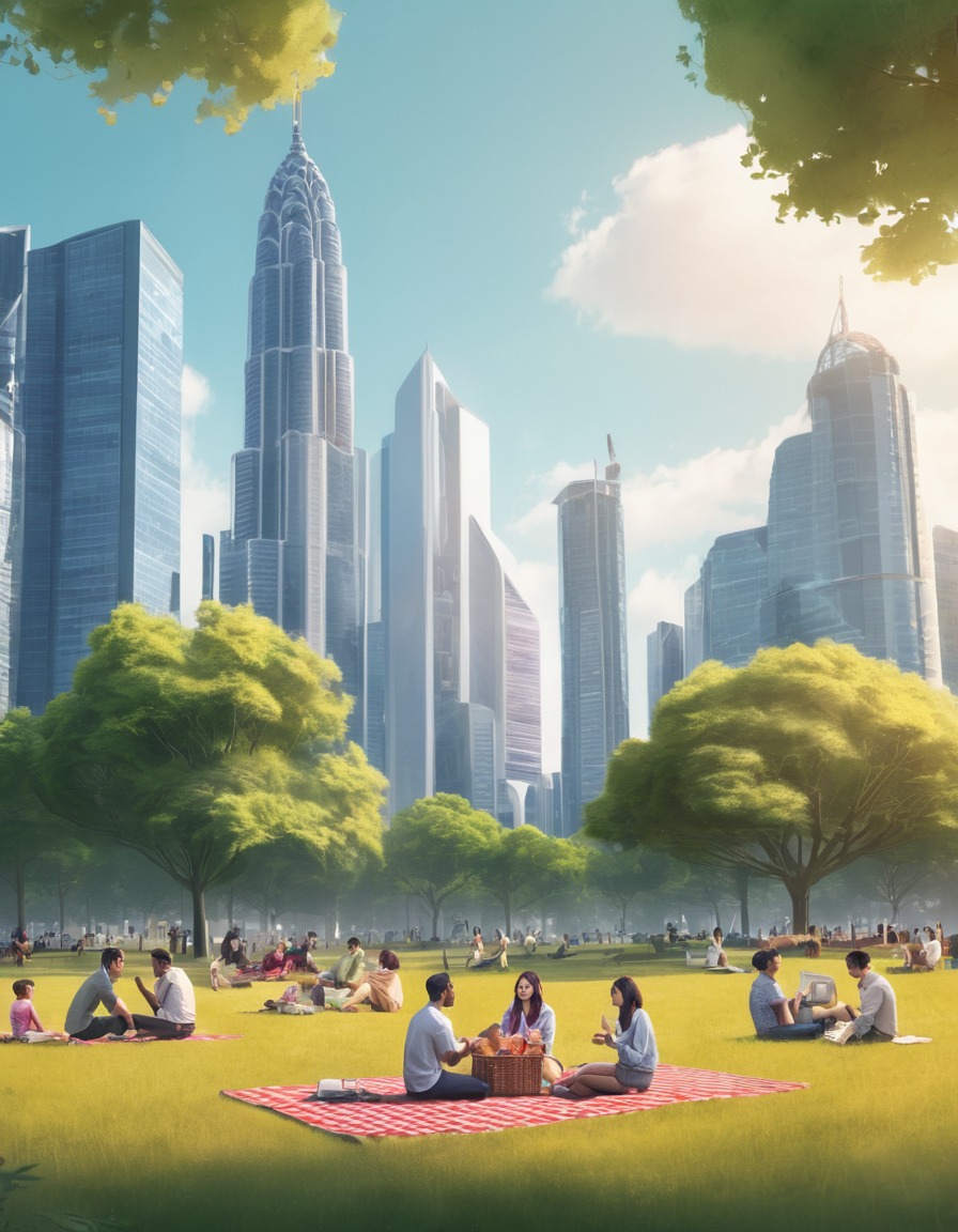 city park, skyscrapers, picnic, urban life, leisure, modern city, city