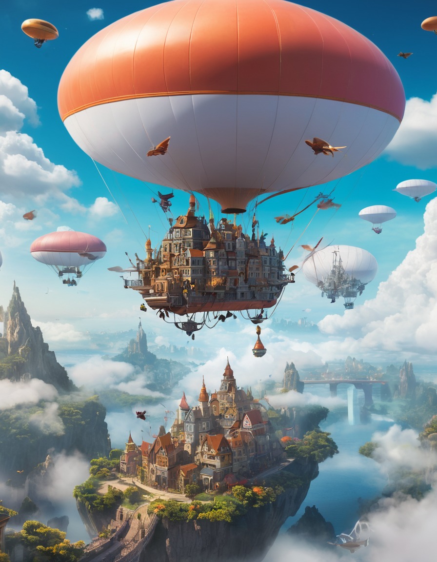 fantasy, floating city, winged creatures, airships, sky, fantastic