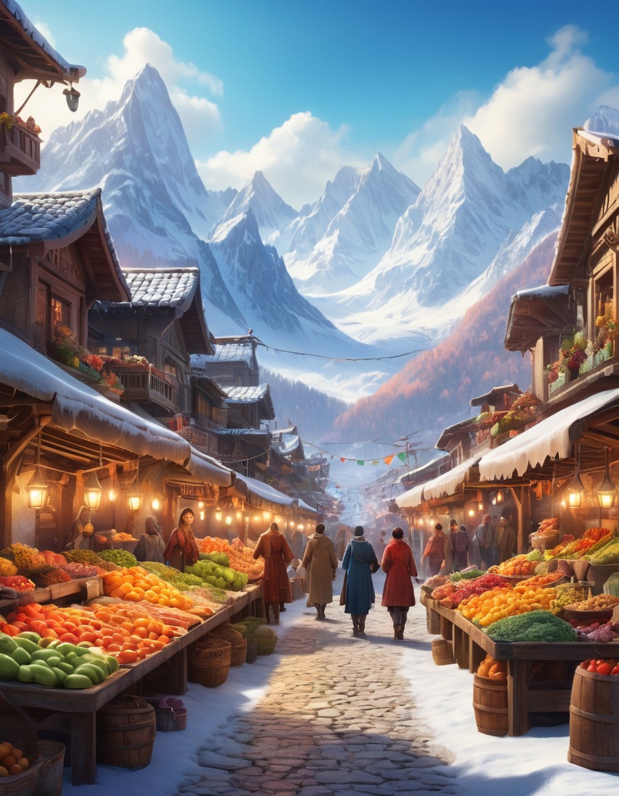 mountains, street market, vibrant, snow-capped, majestic, outdoor, scenery, nature, city