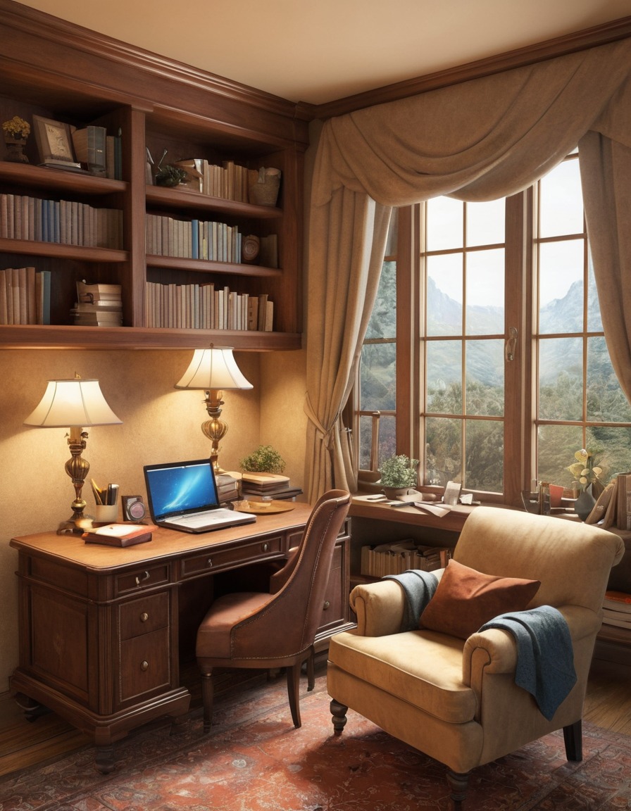 study room, bookshelves, desk, clutter, armchair, window view, home, interior