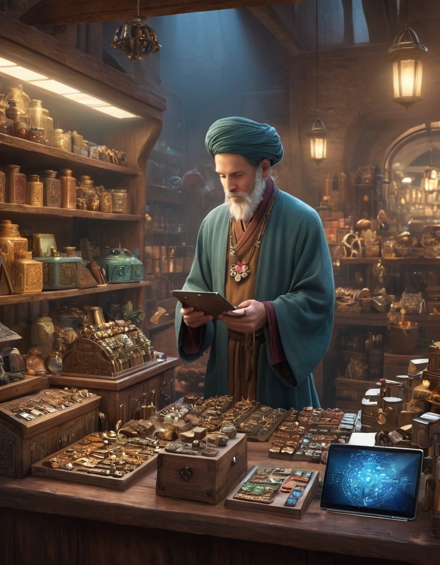 marketplace, merchant, high-tech gadgets, medieval, art