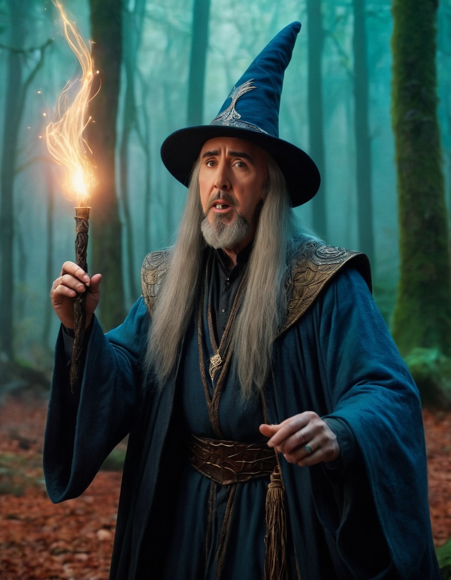 nicolas cage, wizard, spellcasting, mystical forest, magic, fantasy