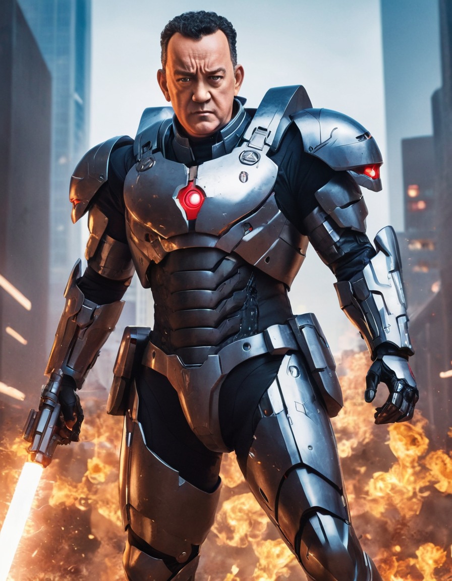 tom hanks, anime, protagonist, futuristic armor, extraordinary weapon, illustration