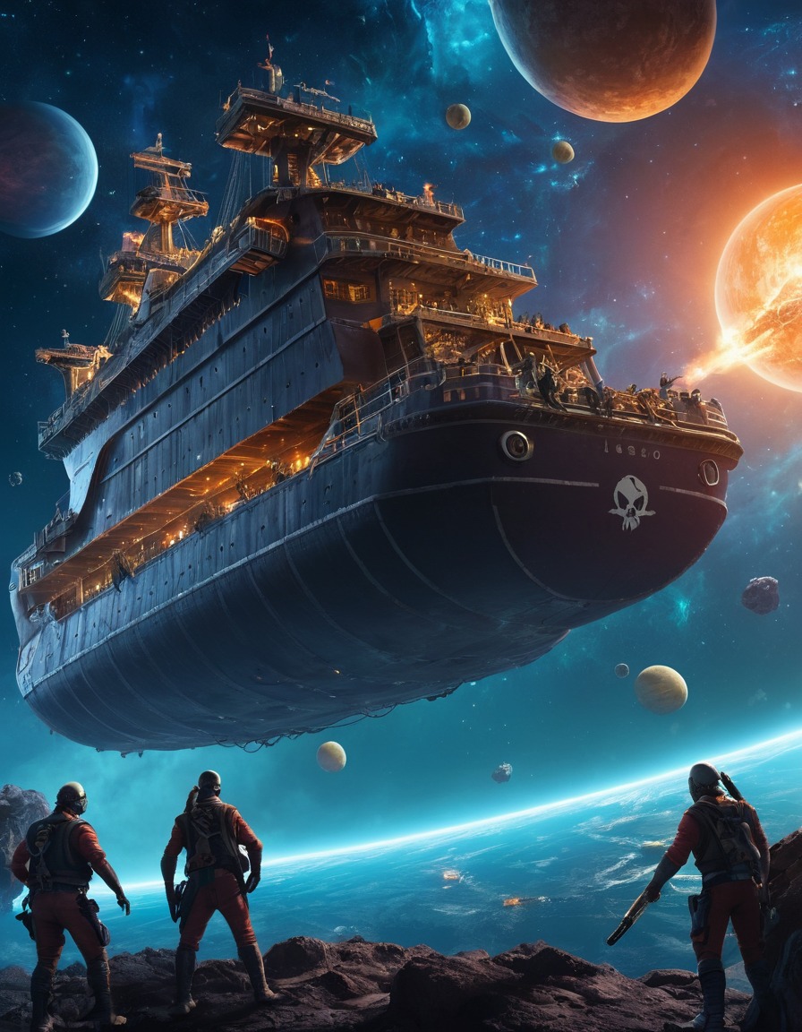 space pirates, looting, cargo ship, outer space, space scene