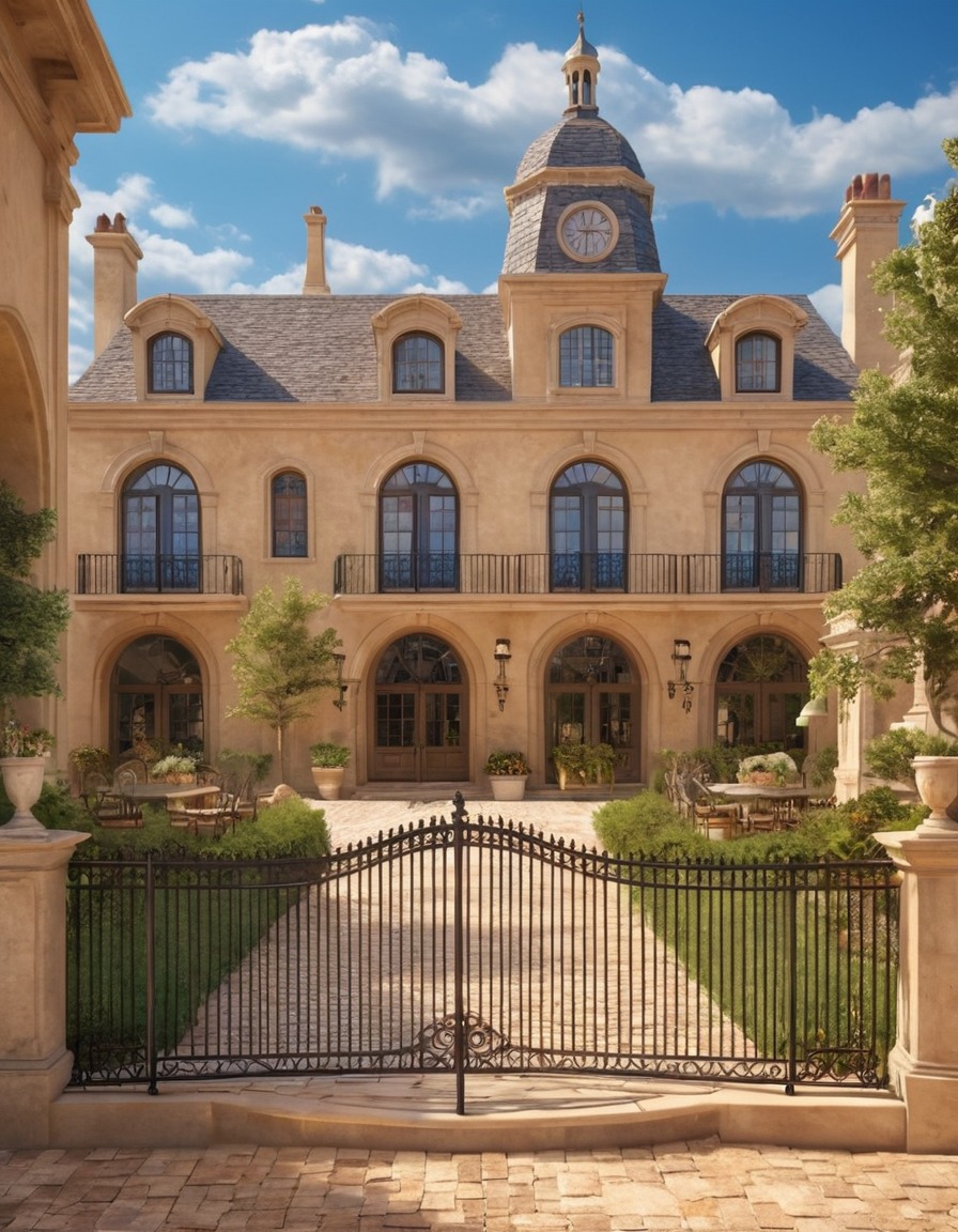 colonial architecture, town square, buildings, iron railings, arched windows, architecture