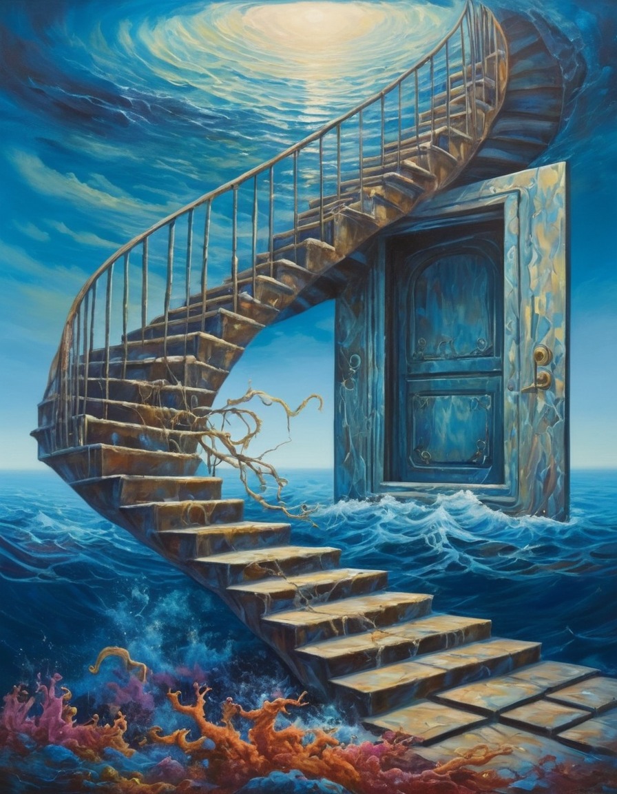 staircase, door, ocean, mysterious, surreal