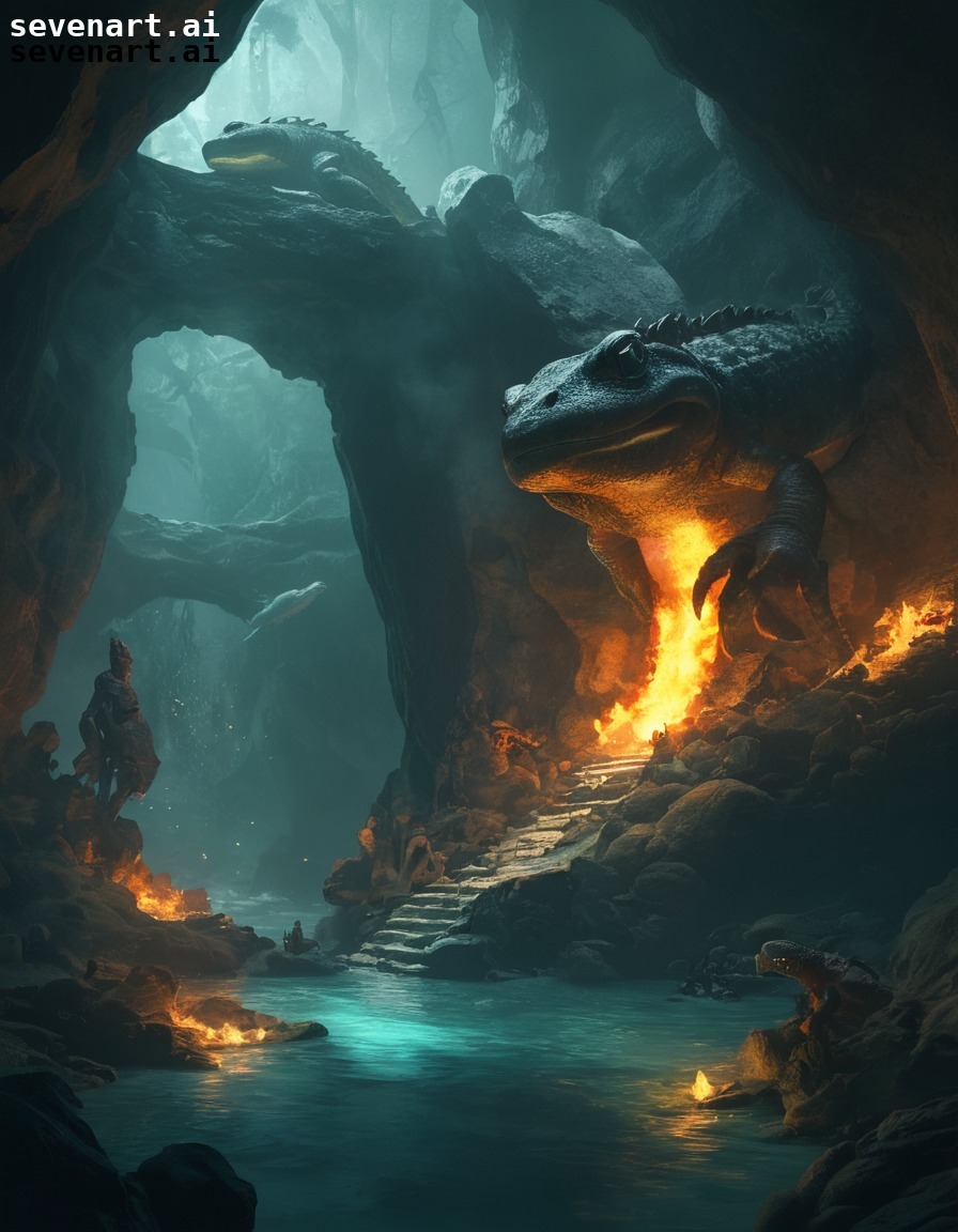 cave, fire-breathing creatures, salamanders, treasure, fantasy