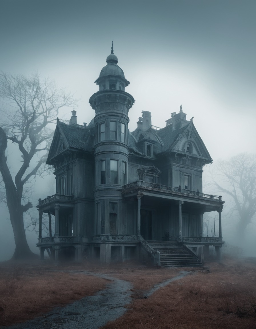 ancient mansion, decrepit, otherworldly architecture, fog, mystery, lovecraft, howard lovecraft