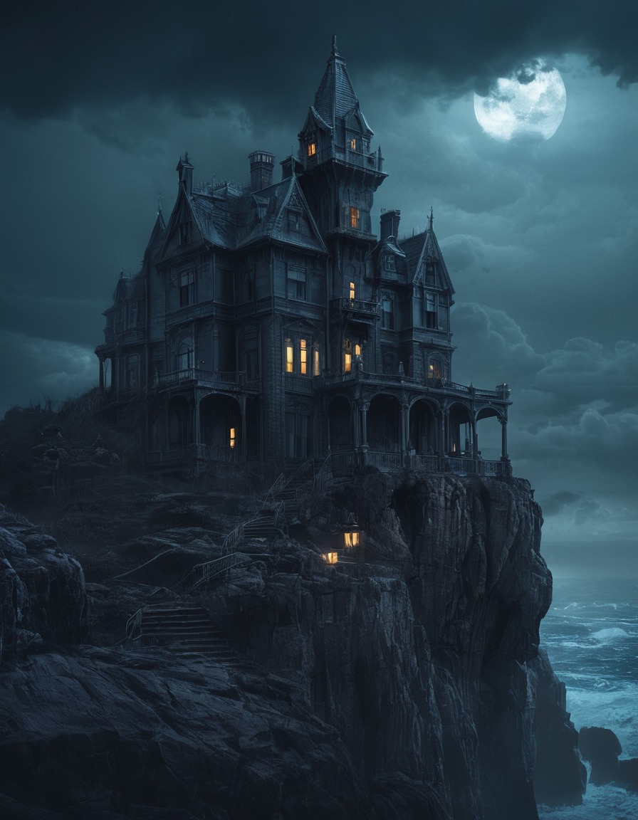 mansion, gothic, decaying, cliff, stormy seas, lovecraft, howard lovecraft