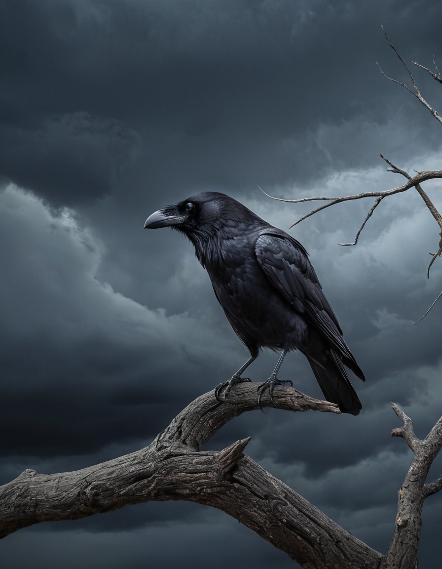 crow, tree, branch, stormy sky, otherworldly, bird, gothic, underground, dark