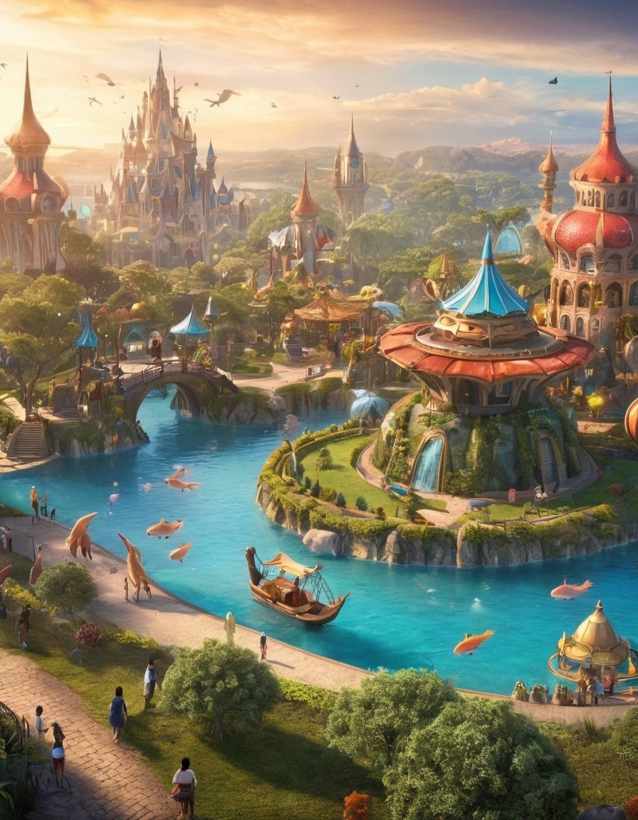 fantasy park, fictional creatures, urban fantasy, fantasy city, amusement park, magical beings, enchanted attractions