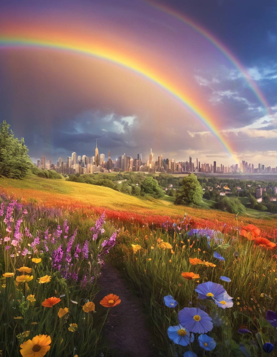 rainbow, cityscape, meadow, vibrant, nature, city