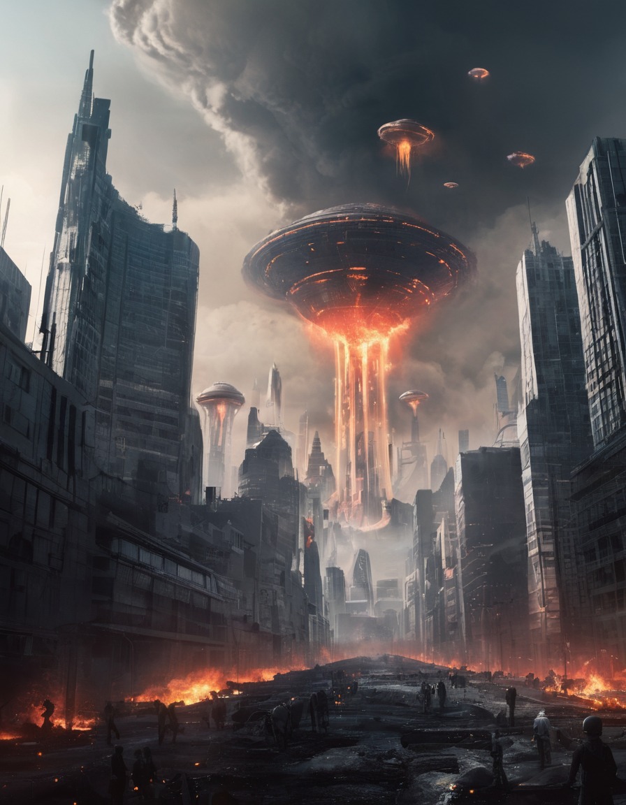 futuristic, cityscape, destruction, alien invasion, sci-fi., aliens, three body problem, trisolaran