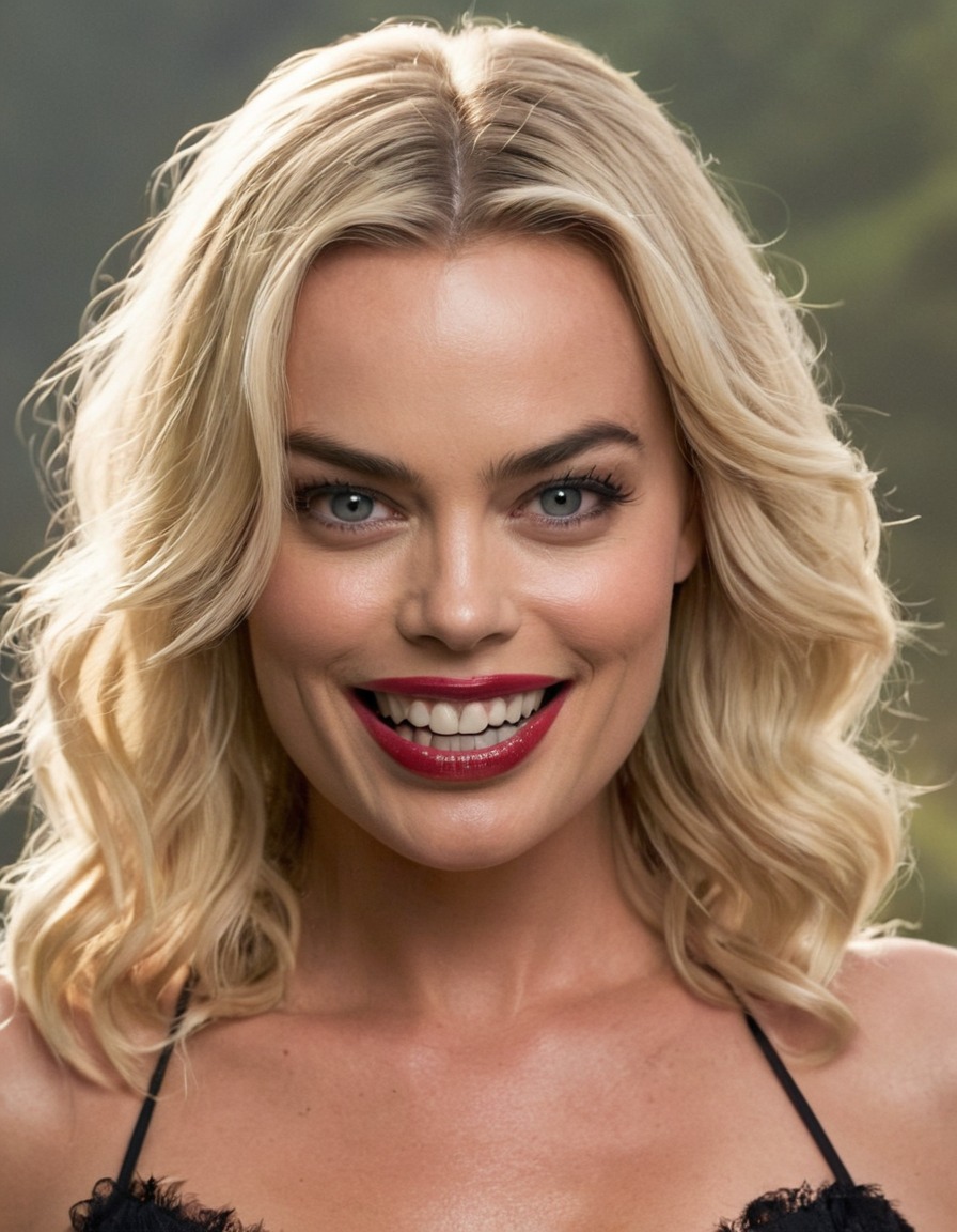 margot robbie, transformation, creature, sharp teeth, glowing eyes