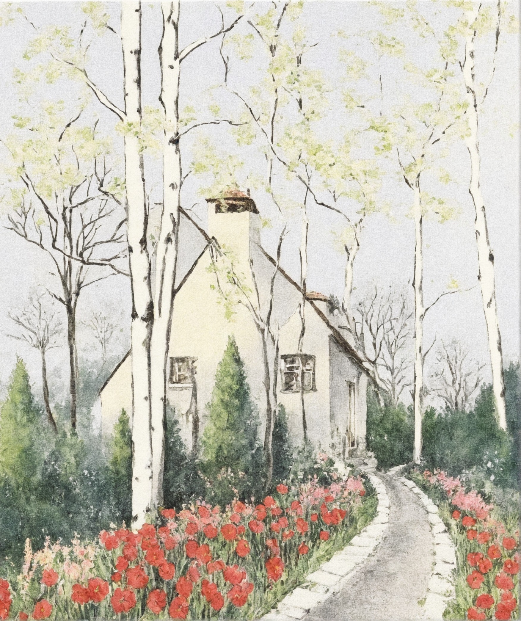 landscape, illustration, tulips, houses