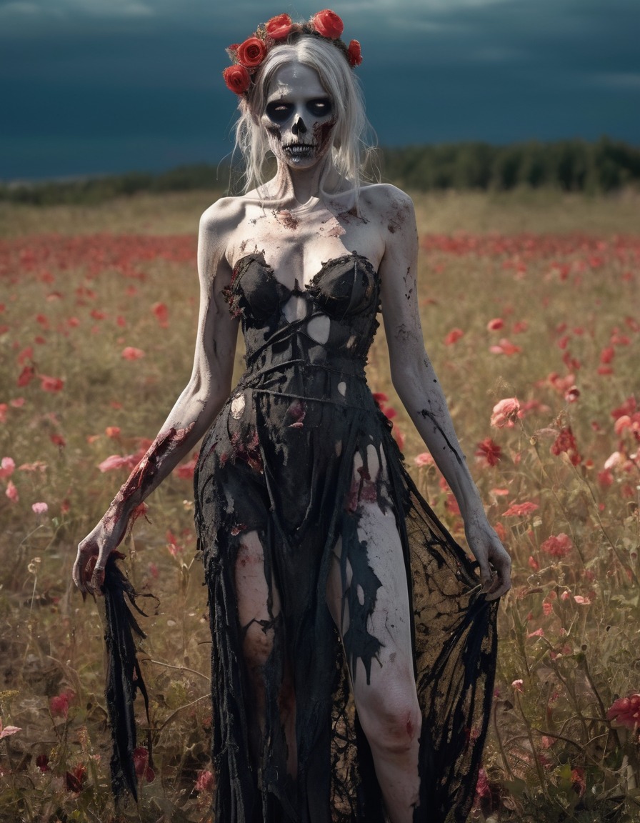 zombie, evening gown, decaying, dead flowers, horror, undead, nsfw