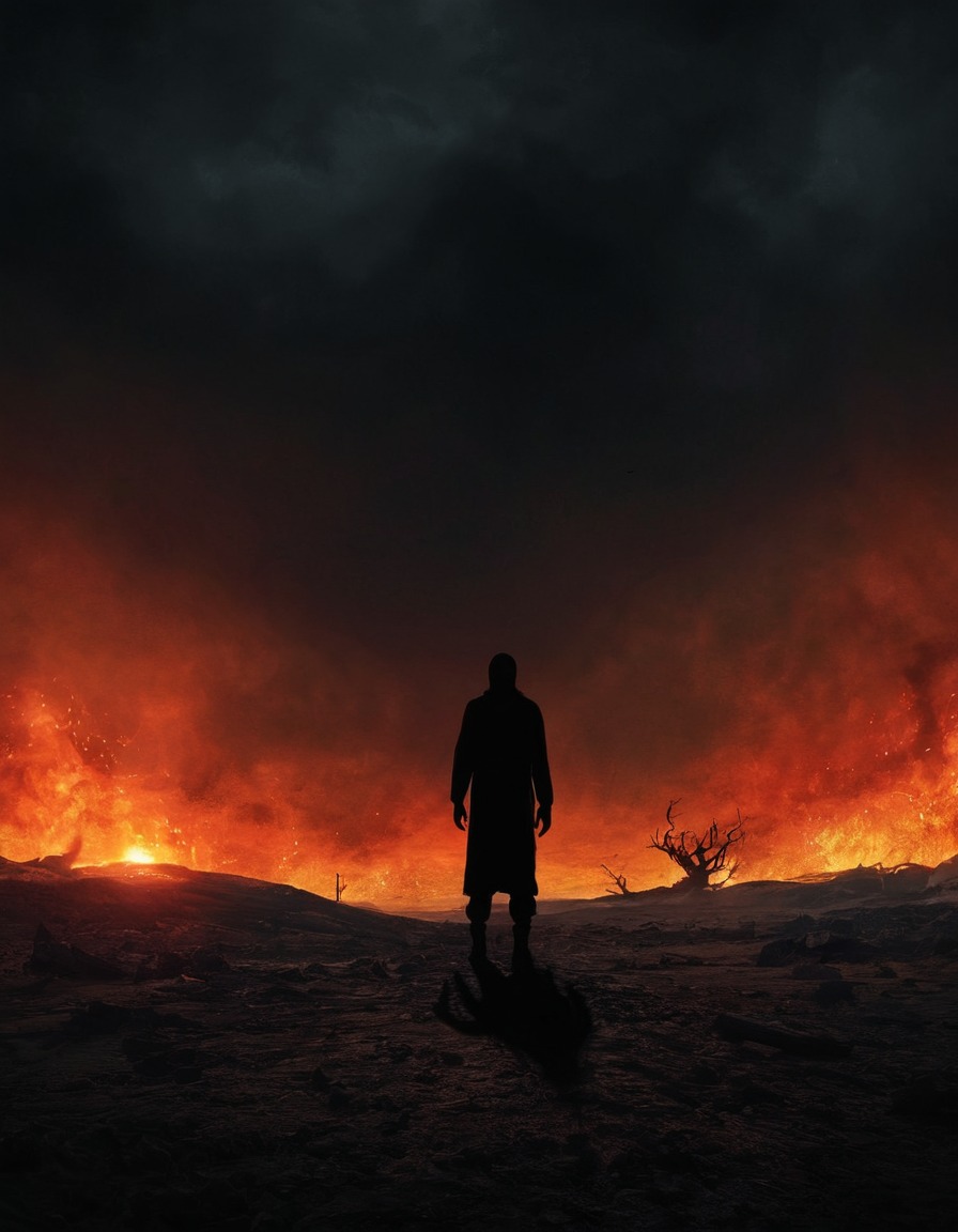 silhouette, burning sky, hope, desolate land, mad max