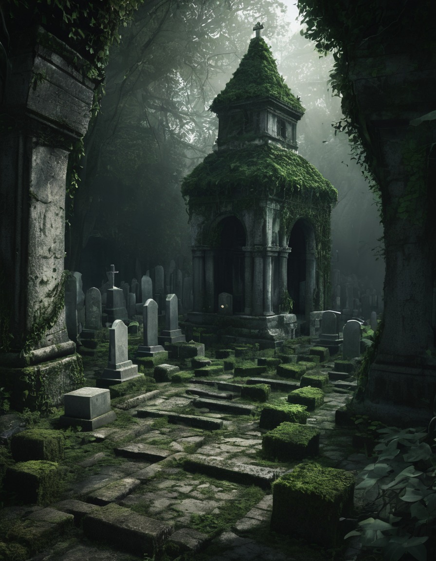 cemetery, ivy, moss, crypts, mausoleums, gothic, underground, dark