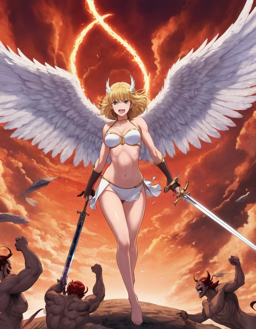 angel, demon, sword, battle, good versus evil, angels, demons, anime