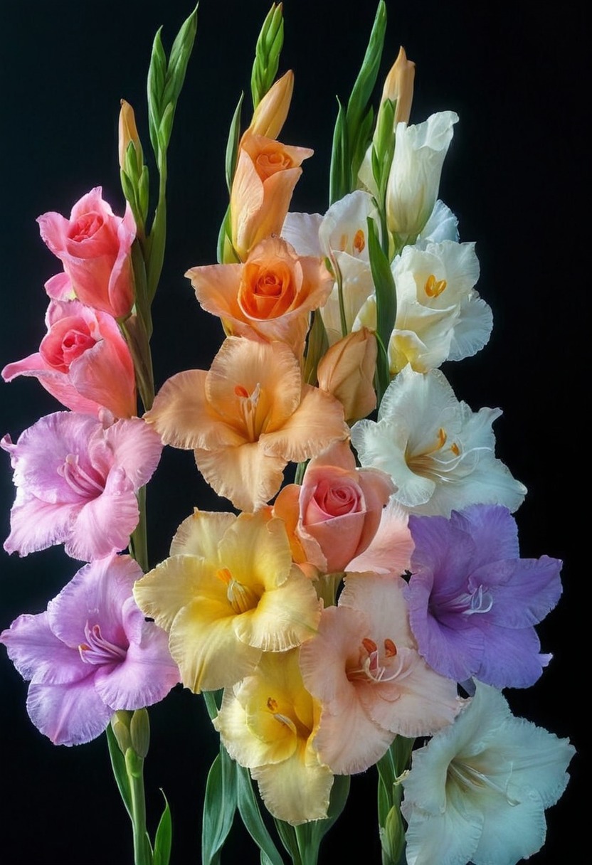 gladiolus, flowers, digital art, colorful, black background