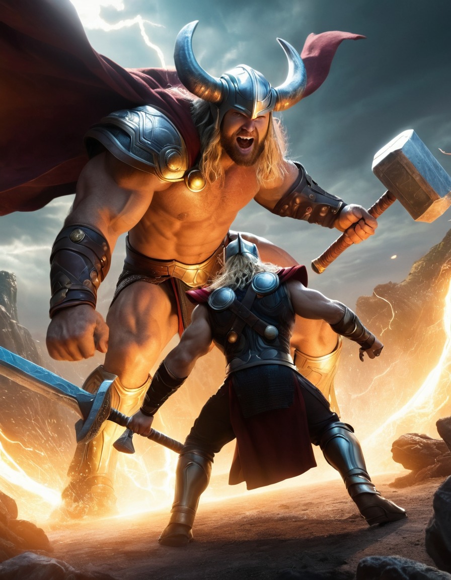 thor, epic, fight scene, monsters, norse mythology, mjölnir, asgard