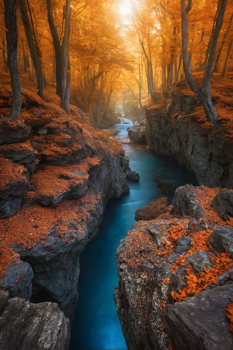 autumn, creek, forest, landscape, orange, red, river, slovenia, tree, korita, mostnice