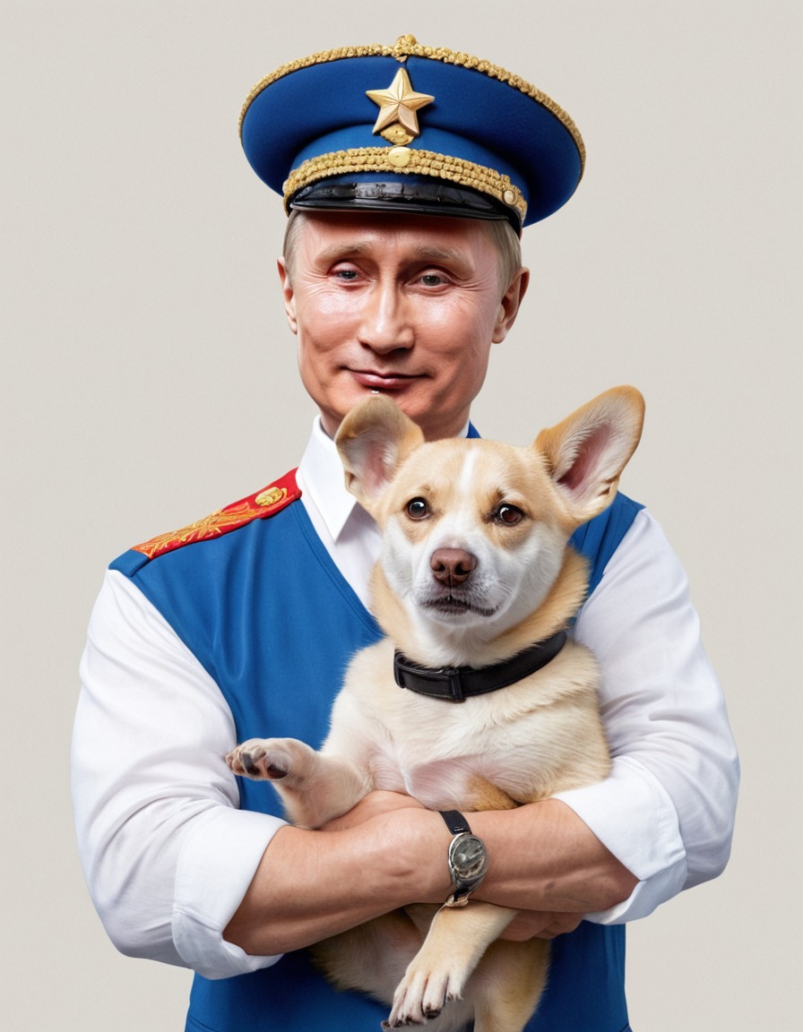 vladimir putin, satirical, painting, dog, silly hat, politics