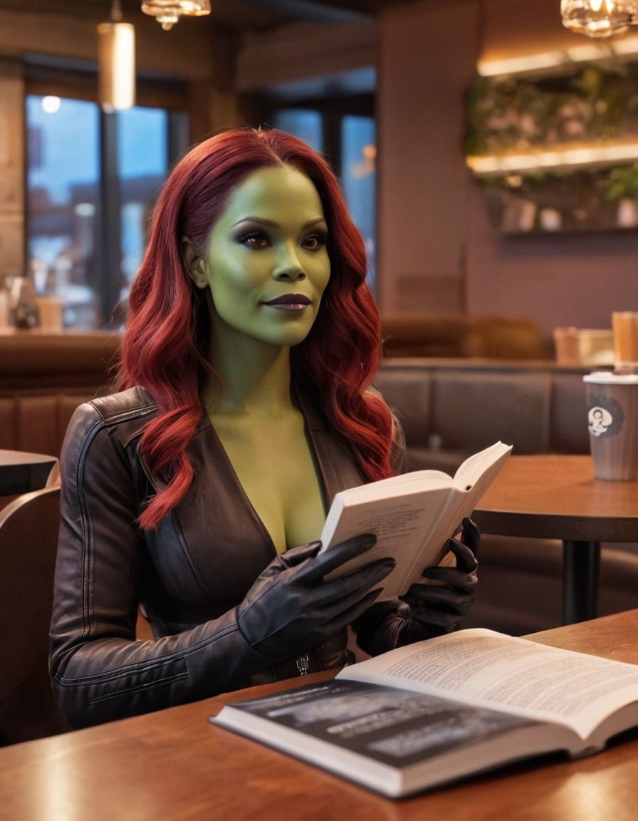 gamora, coffee shop, relaxation, reading, superhero, superheroine, bikini